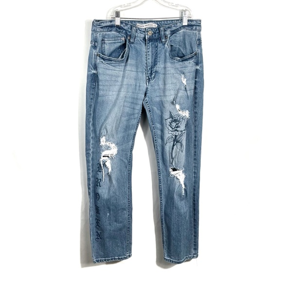 Broken Promises Wait Forever Rose & Snake Embroidered Distressed Baggy Jeans 30 - Picture 3 of 9